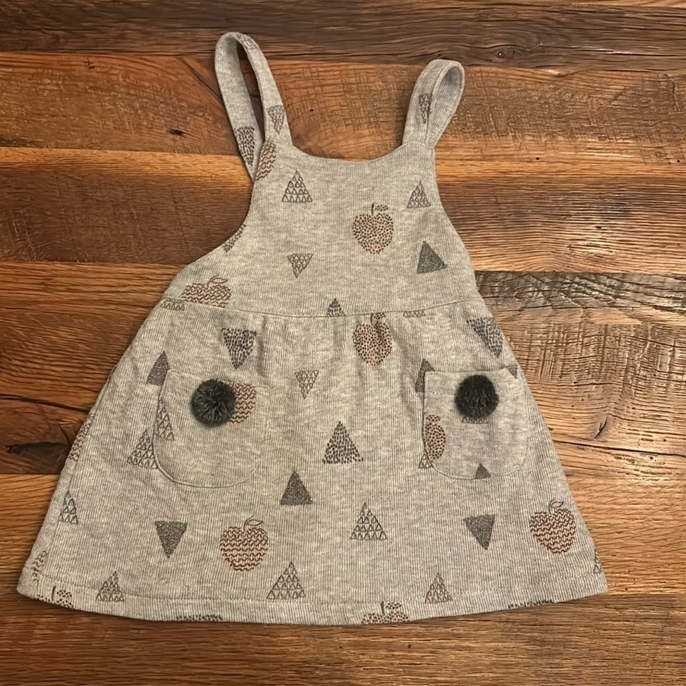 Zara Girls Apple Print Cotton Pinafore Dress Grey